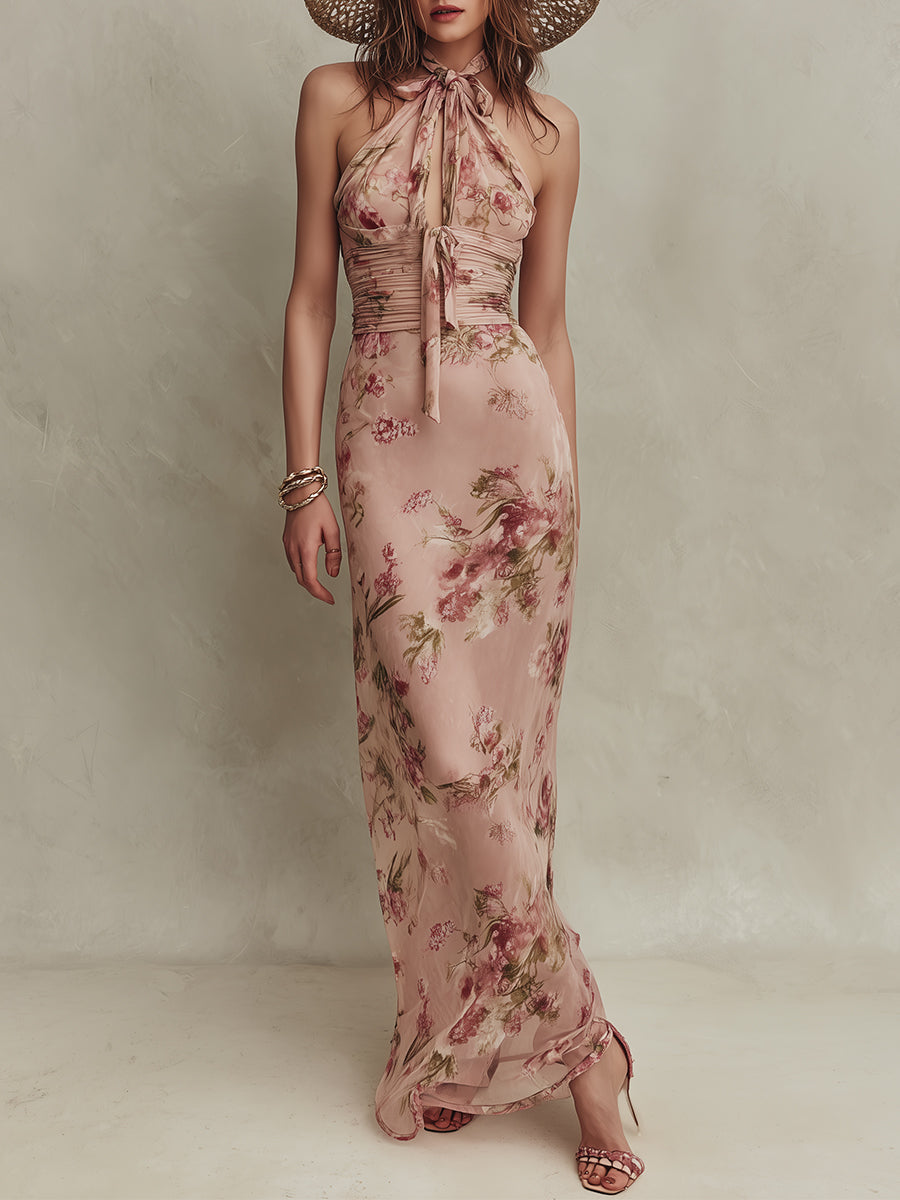 Λία - Κομψό Floral Print Chiffon Maxi Φόρεμα με Λαιμόκοψη Keyhole