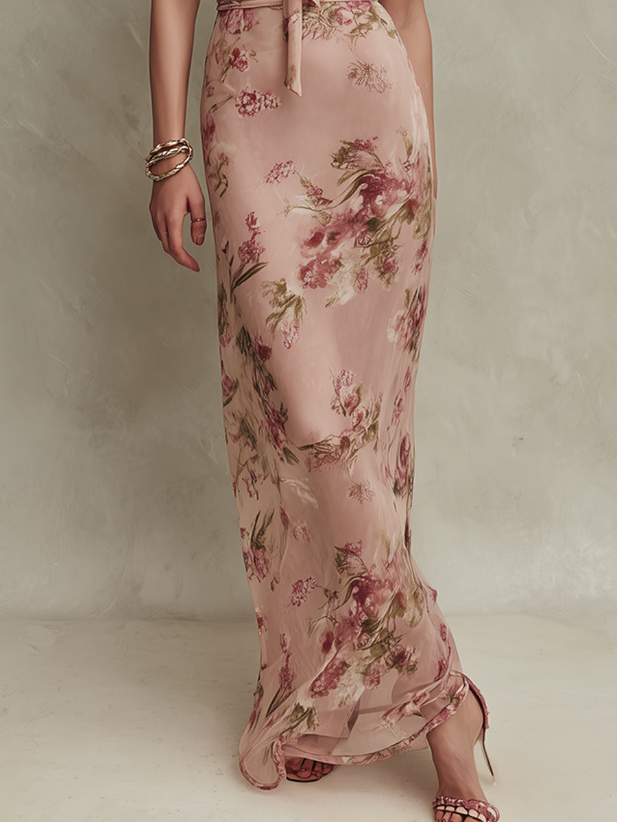 Λία - Κομψό Floral Print Chiffon Maxi Φόρεμα με Λαιμόκοψη Keyhole