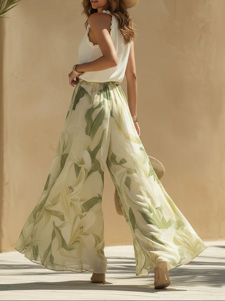 Σετ με Ριχτό Τοπ από Σατέν Λίλα και Παντελόνι με Εκτύπωση Λιλου
