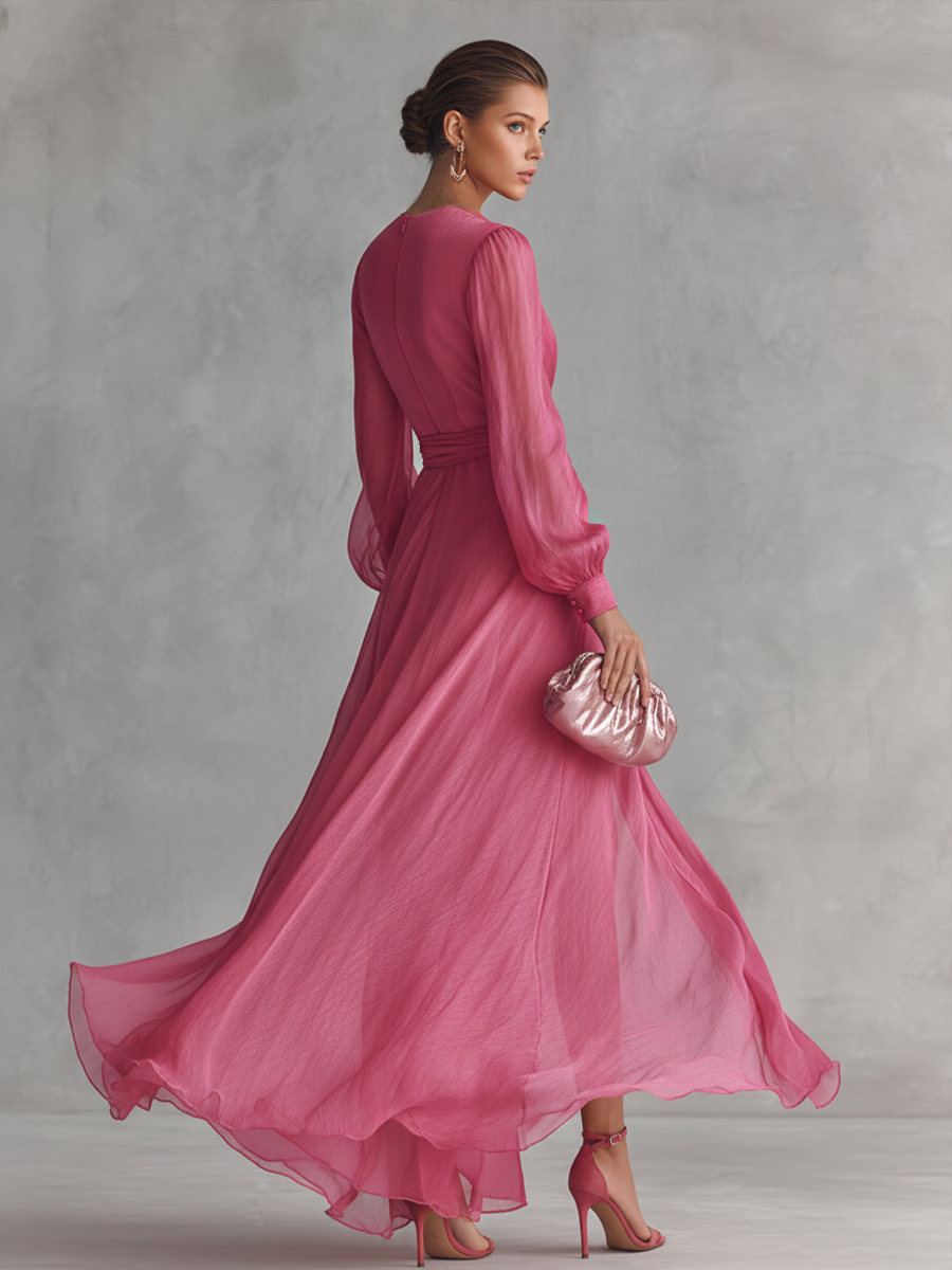Εlegant μακρύ φόρεμα γυναικείο σε ροζ πέρλα από chiffon με V ντεκολτέ και ζώνη στη μέση