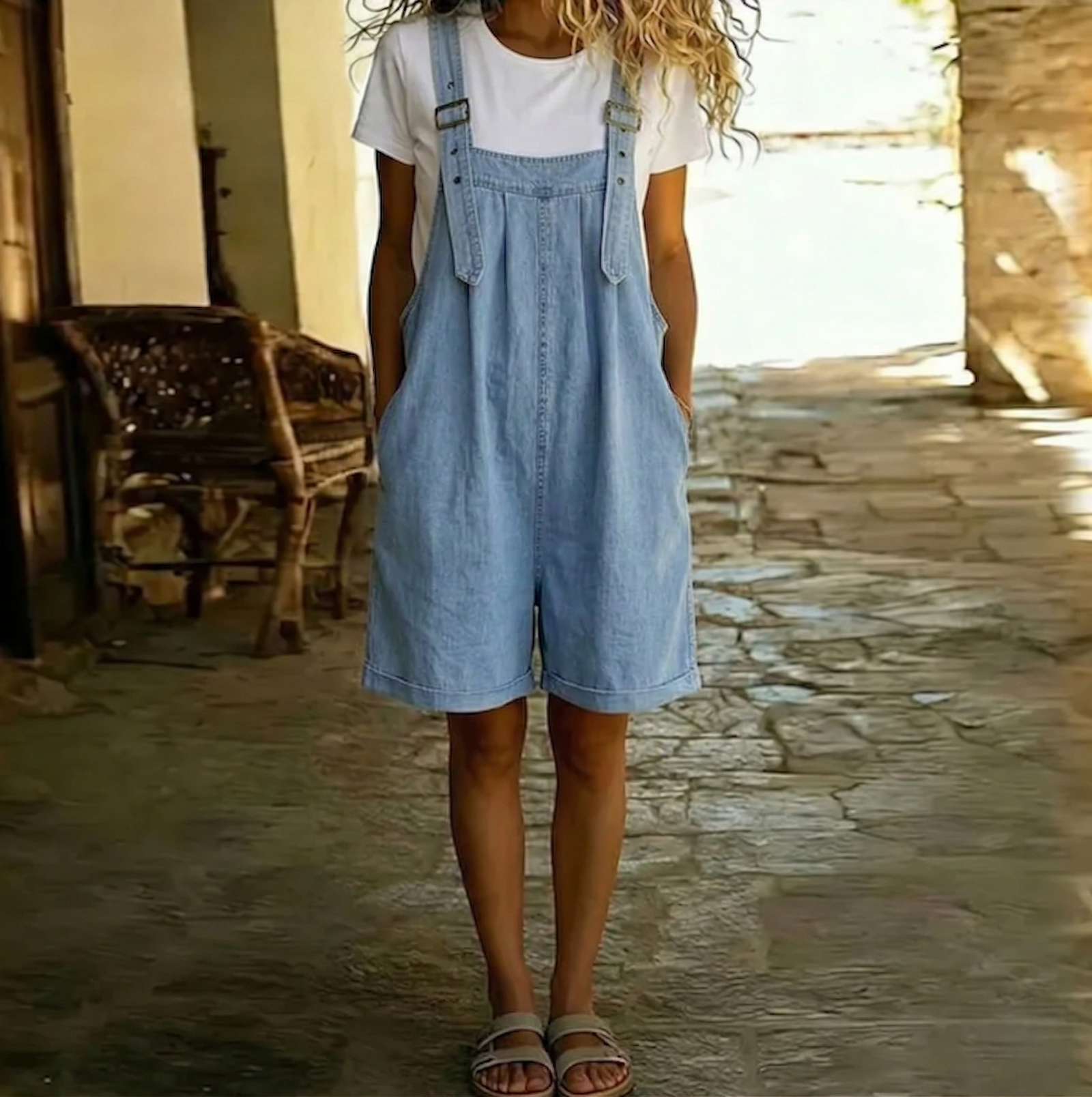 Clara | Vintage Washed Soft Cotton Feel Denim Short Overall Ανοιχτό μπλε