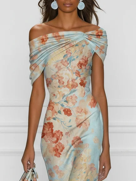 Vittoria - Midi Mermaid Φόρεμα Χωρίς Μανίκια με Off-Shoulder και Μπλε Λουλούδια