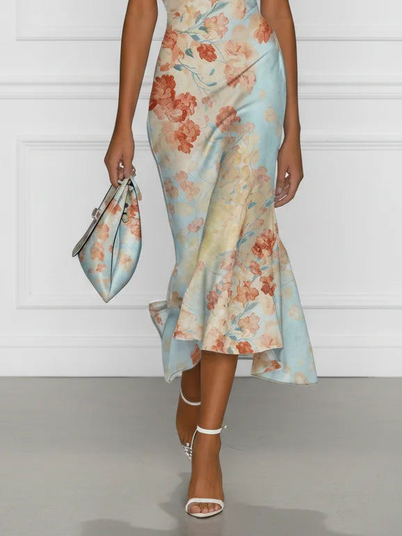 Vittoria - Midi Mermaid Φόρεμα Χωρίς Μανίκια με Off-Shoulder και Μπλε Λουλούδια