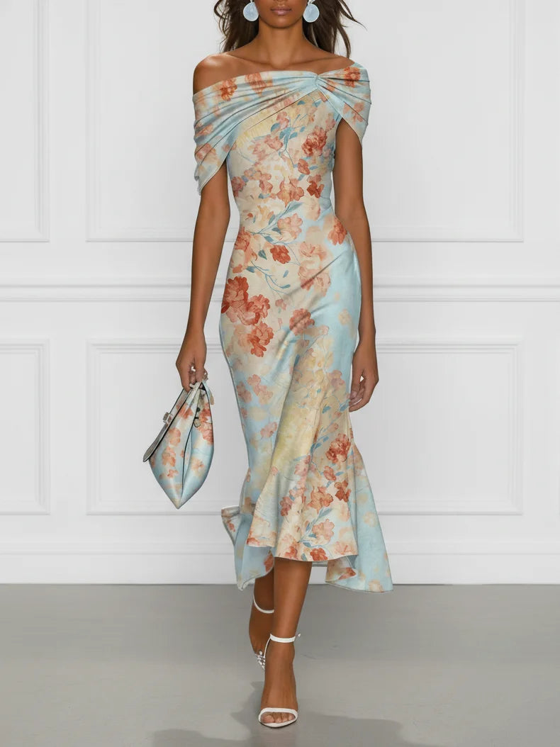 Vittoria - Midi Mermaid Φόρεμα Χωρίς Μανίκια με Off-Shoulder και Μπλε Λουλούδια