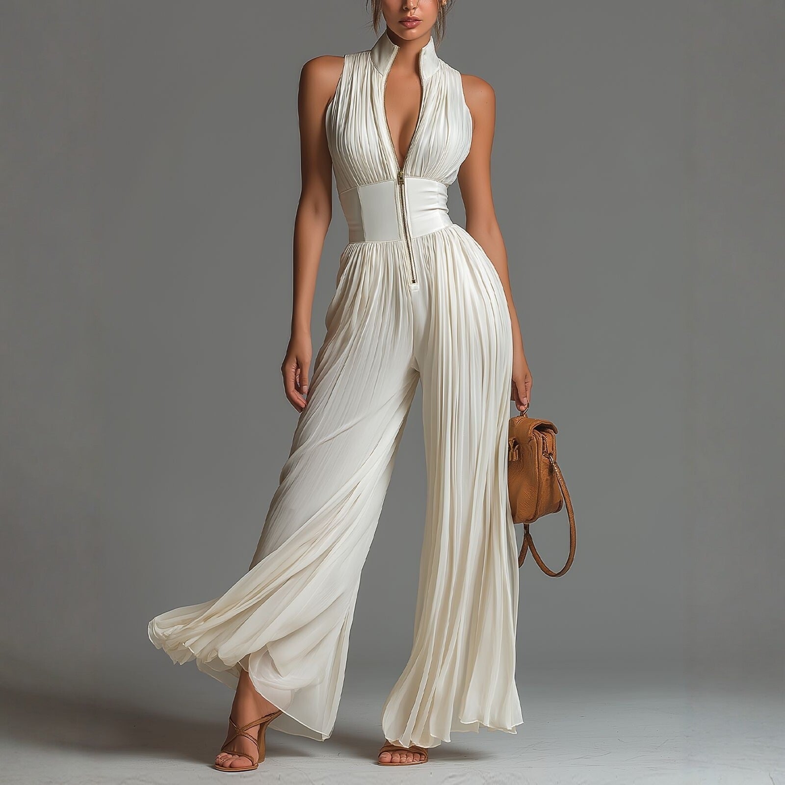 Λευκό αμάνικο φόρεμα από chiffon με V-λαιμόκοψη, φερμουάρ και φαρδιά πλισέ παντελόνια
