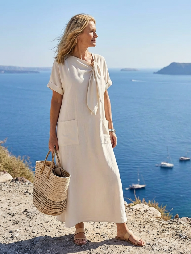Elowyn | Μακρύ Φόρεμα Με Στρογγυλή Λαιμόκοψη και Κοντό Μανίκι
