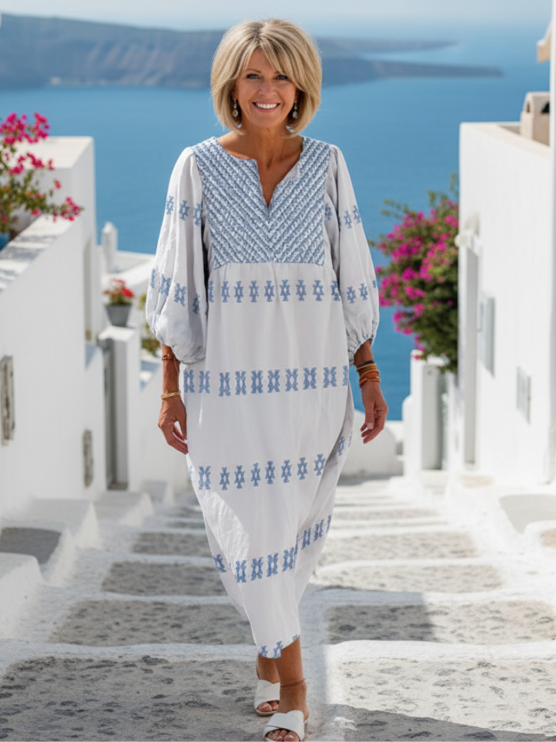 Ευάδνη | Μακρύ Φόρεμα με V Λαιμό και Κεντημένα Μανίκια
