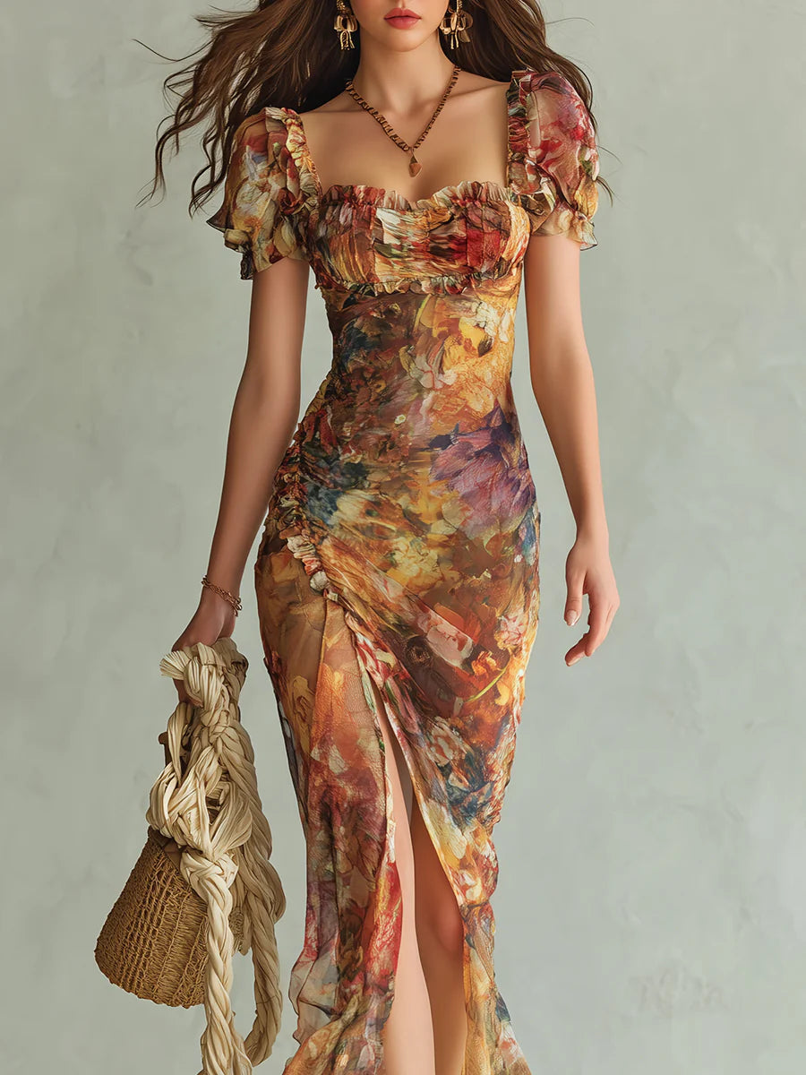 Saffron™ | Μάξι Φόρεμα με Εκτύπωση Ελαιογραφίας Bohemian