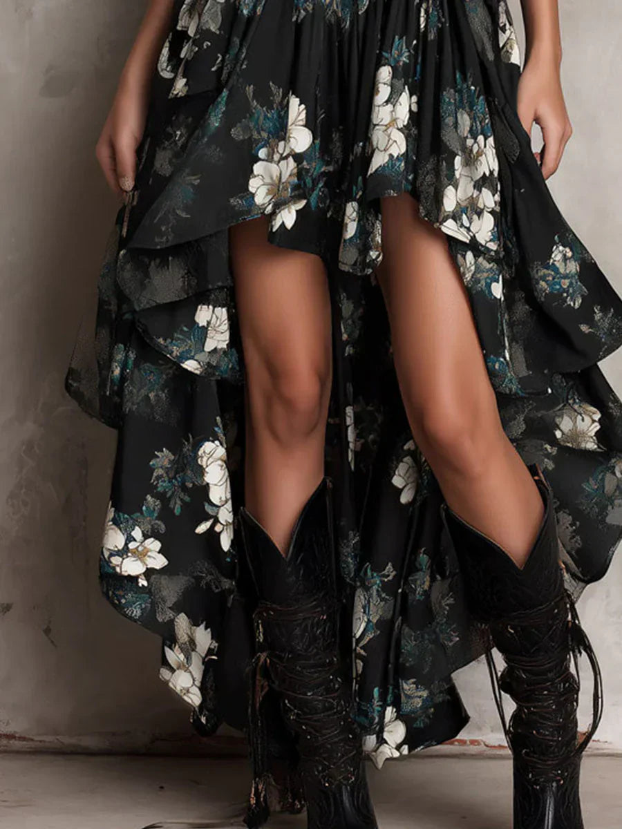 Μαύρο strapless μακρύ boho φόρεμα με λουλουδάτο σχέδιο και ασύμμετρο κόψιμο