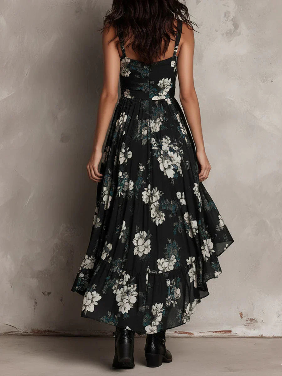 Μαύρο strapless μακρύ boho φόρεμα με λουλουδάτο σχέδιο και ασύμμετρο κόψιμο
