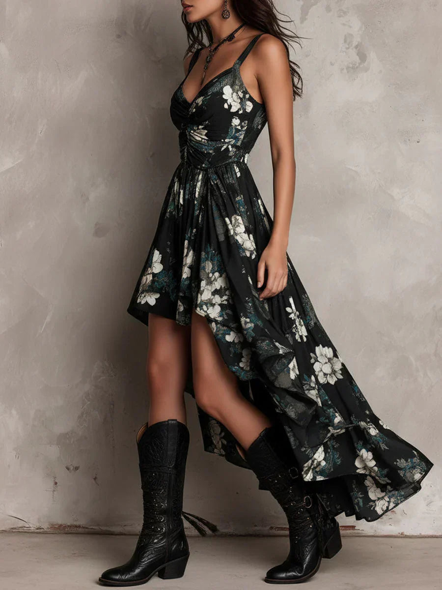 Μαύρο strapless μακρύ boho φόρεμα με λουλουδάτο σχέδιο και ασύμμετρο κόψιμο