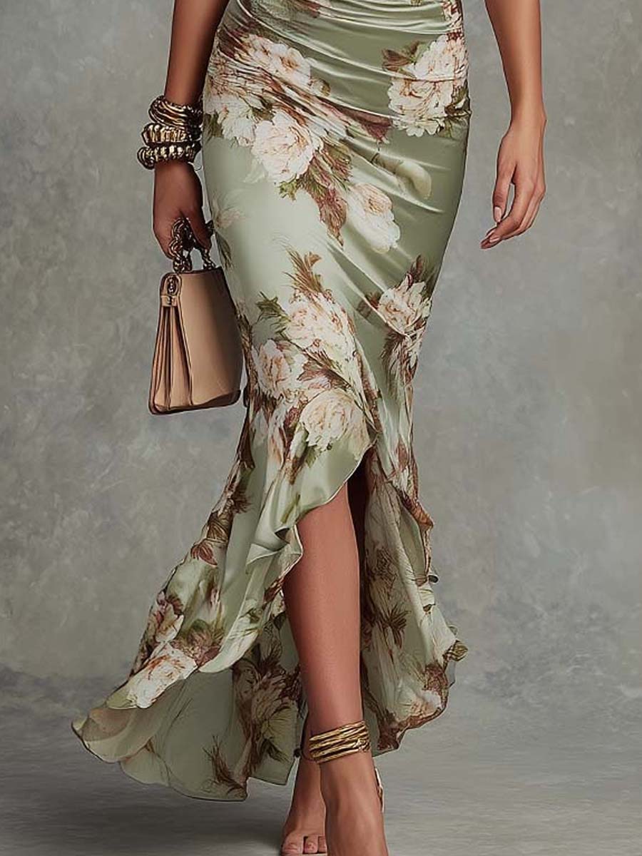 Πράσινο Λουλουδάτο Ρυθμισμένο Μανίκι Κουδουνιού V-λαιμό Σατέν Ασύμμετρο Maxi Φόρεμα