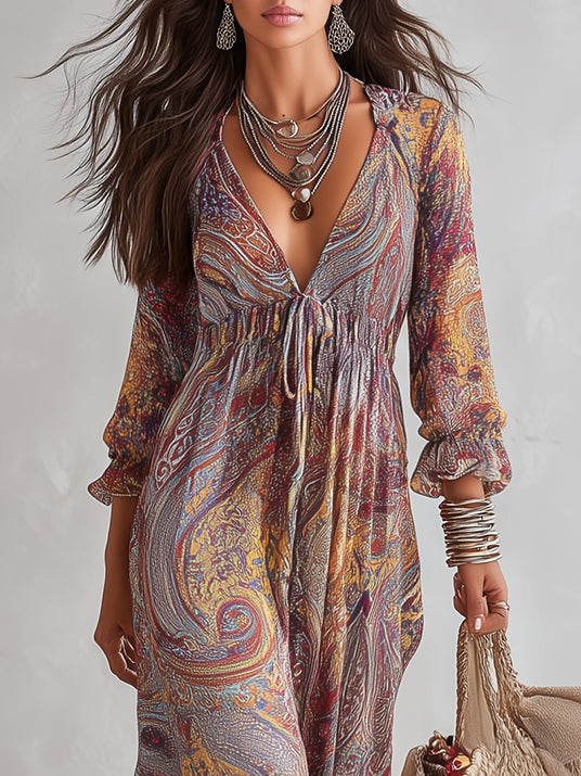 Cosima™ | Φόρεμα Maxi Chiffon με V-λαιμόκοψη Paisley
