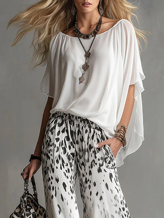Μόνικα | Σετ Τ-Shirt με Σχέδιο Boat-Neck & Gradient Παντελόνια από Chiffon με Λεοπάρ