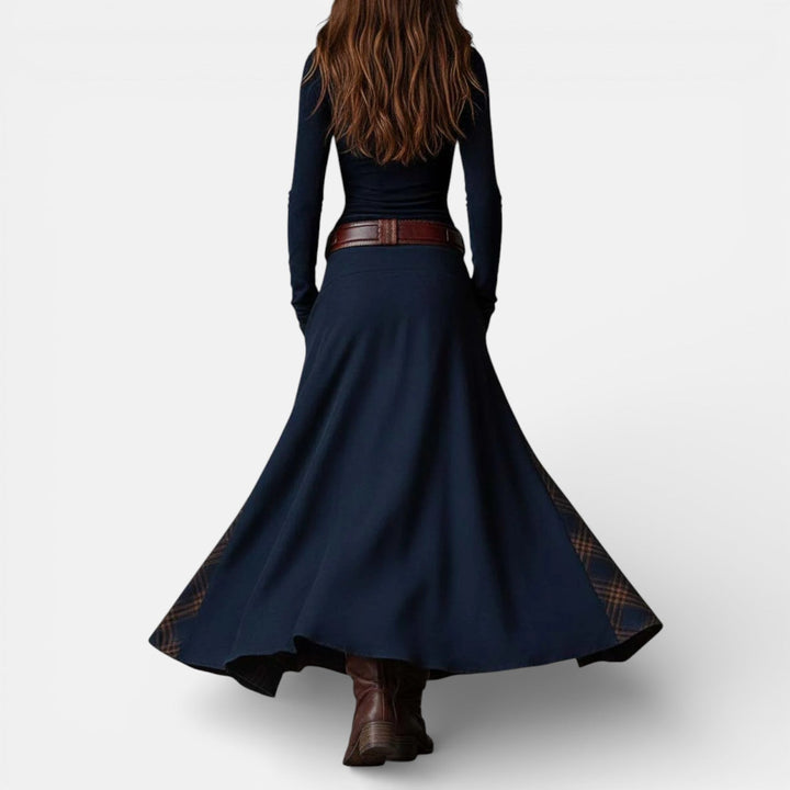 Leonora | Vintage Long Dress in Navy Blue Suede Check (Includes Belt)