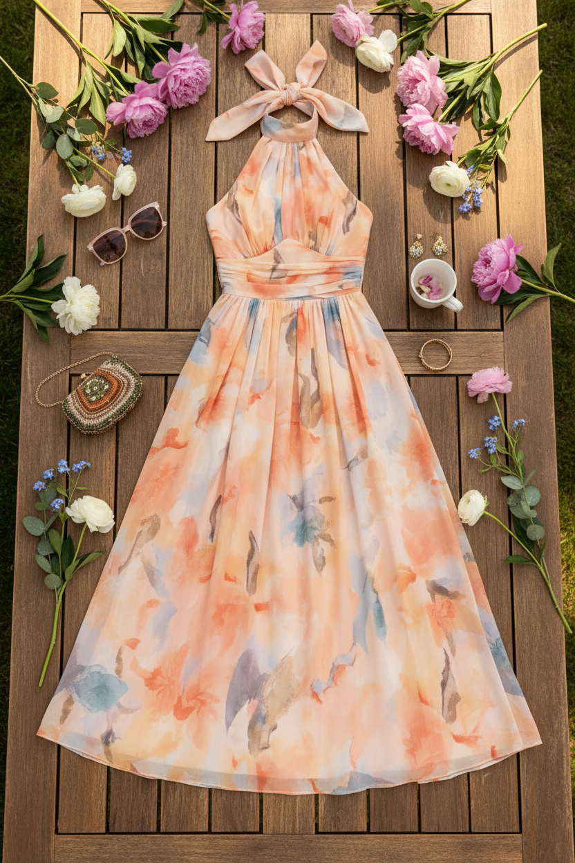 Esther™ | Maxi φόρεμα με λαιμόκοψη halter και εκτύπωση ακουαρέλας
